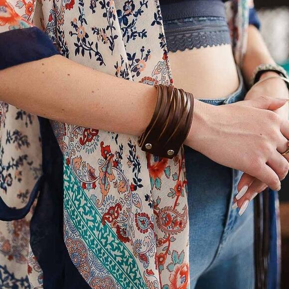 Boho Braided Leather Wide Wrap Adjustable Snap Cuff Bracelet Brown - Picture 2 of 4